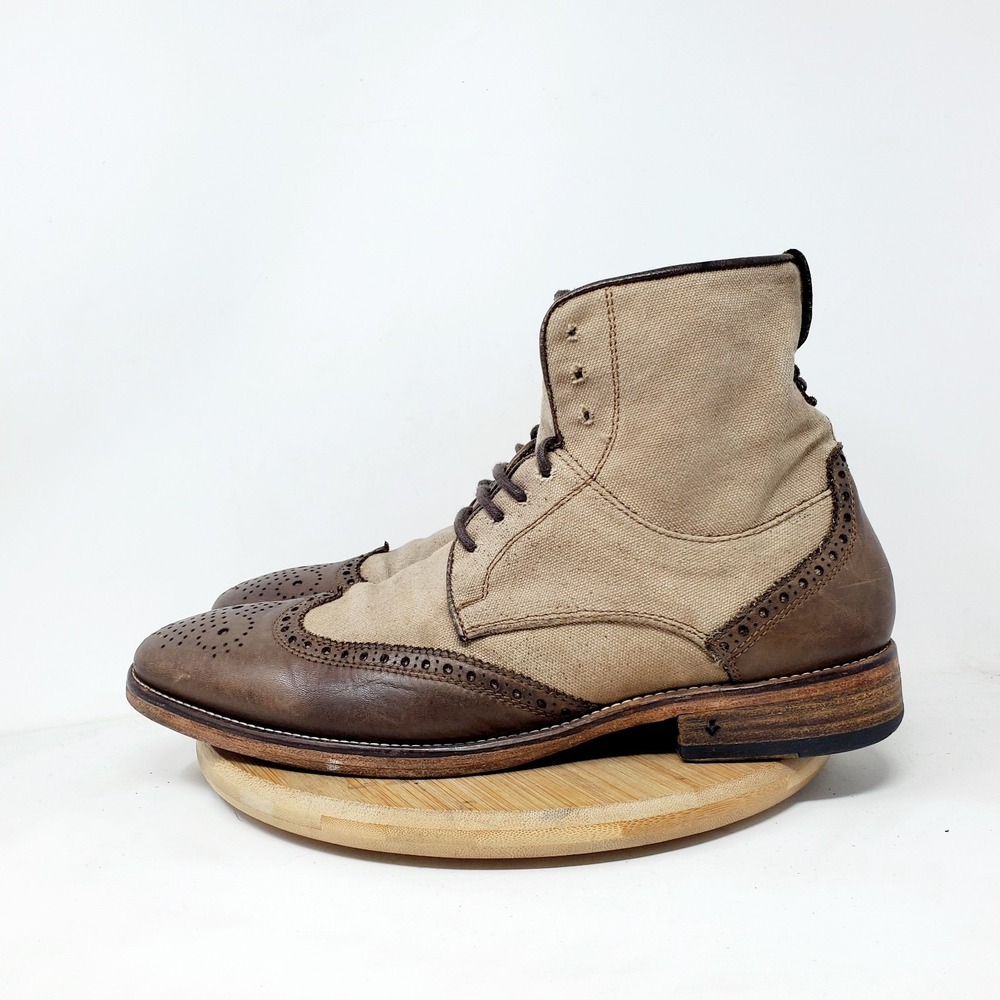 John Varvatos Boots Mens 7.5 Brown Leather Canvas Wingtip Hipster Shoes Italy